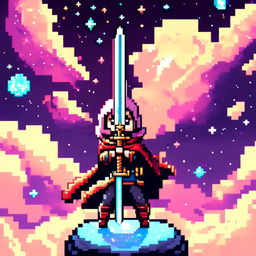 Pixel art profile picture featuring a standalone sword with no people, set against a cosmic background filled with stars, nebulas, and distant galaxies