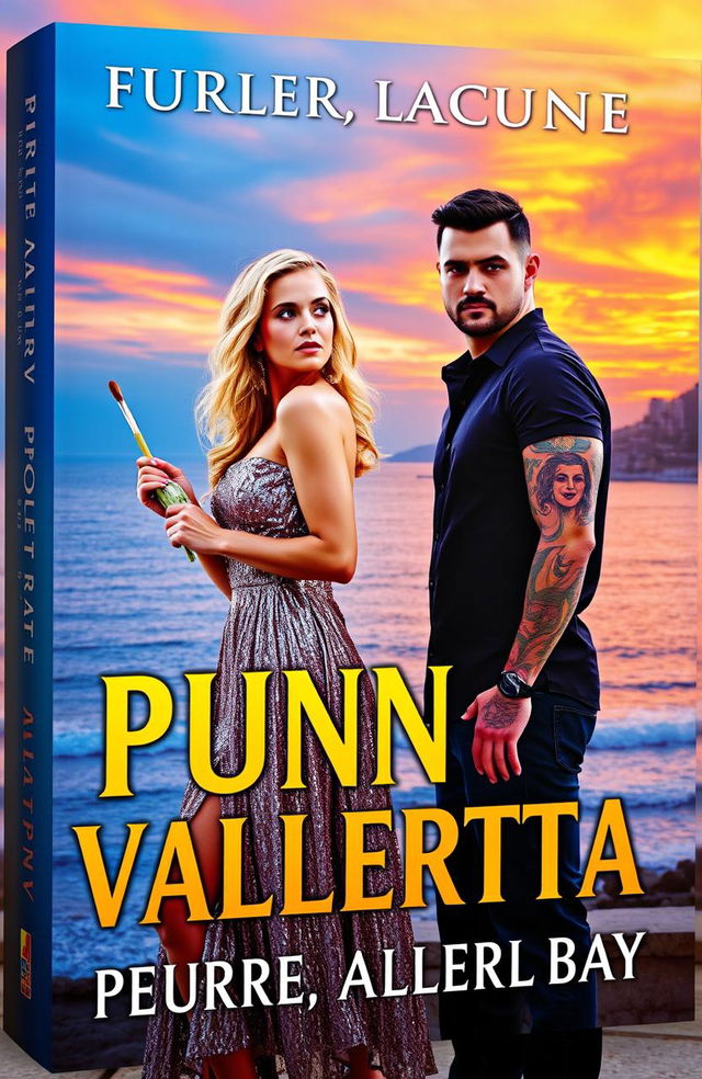 A stunning book cover depicting a vibrant sunset over Puerto Vallarta Bay, featuring a blonde woman dressed in a shimmering silver dress looking away thoughtfully