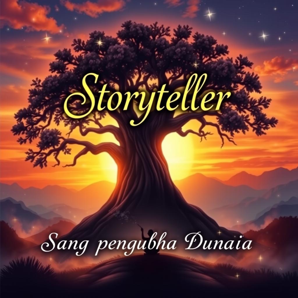 An ebook cover featuring the title 'Storyteller Sang Pengubah Dunia' prominently displayed in elegant calligraphy