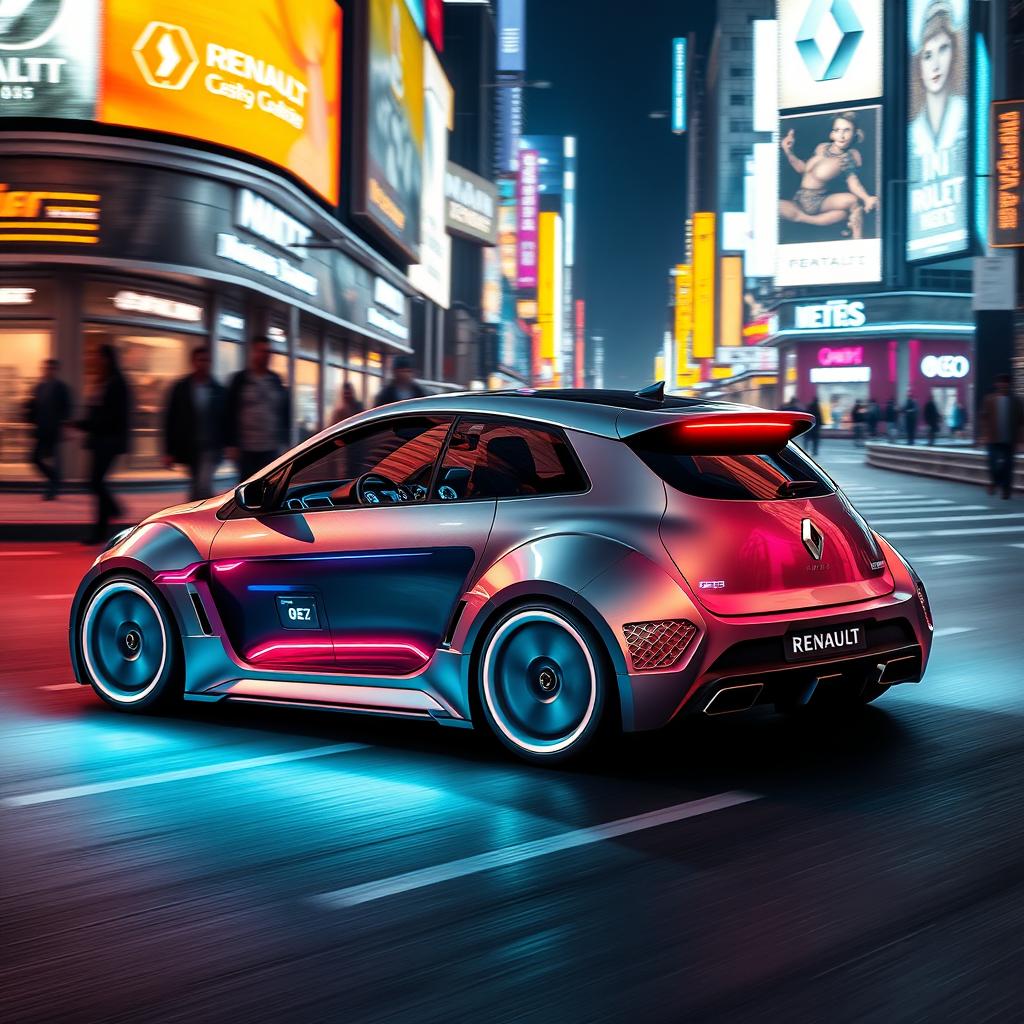 A futuristic Renault 5 Turbo 2, designed with sleek aerodynamic lines and a low, aggressive stance, adorned with innovative LED lighting and a high-tech dashboard