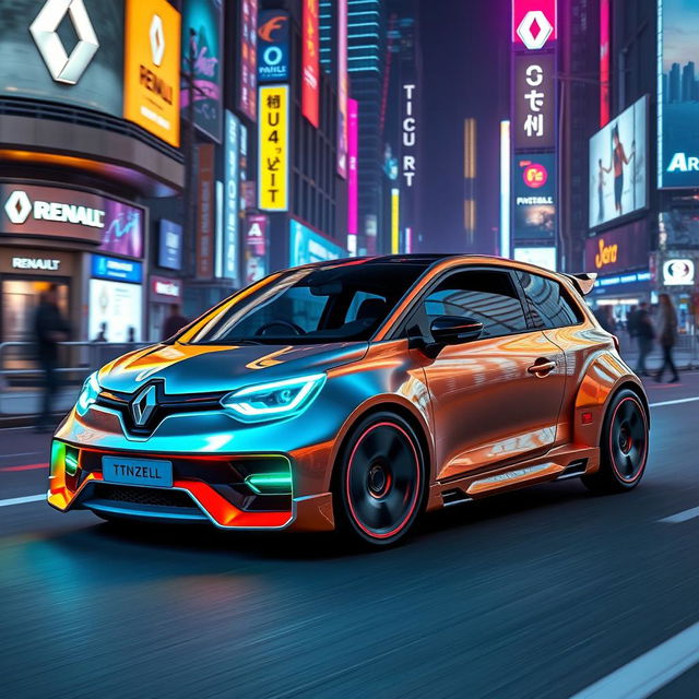 A futuristic Renault 5 Turbo 2, designed with sleek aerodynamic lines and a low, aggressive stance, adorned with innovative LED lighting and a high-tech dashboard