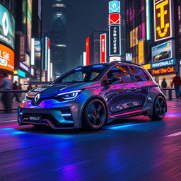 A futuristic Renault 5 Turbo 2, designed with sleek aerodynamic lines and a low, aggressive stance, adorned with innovative LED lighting and a high-tech dashboard