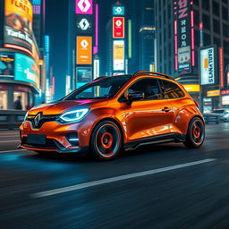 A futuristic Renault 5 Turbo 2, designed with sleek aerodynamic lines and a low, aggressive stance, adorned with innovative LED lighting and a high-tech dashboard