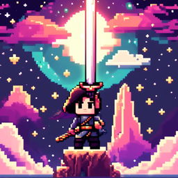 Pixel art profile picture featuring a standalone sword with no people, set against a cosmic background filled with stars, nebulas, and distant galaxies