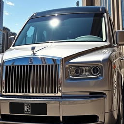 A luxurious Rolls Royce Phantom van, featuring a sleek and elegant design with a shiny silver exterior