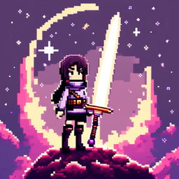 Pixel art profile picture featuring a standalone sword with no people, set against a cosmic background filled with stars, nebulas, and distant galaxies