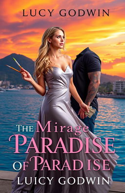A stunning book cover for "The Mirage of Paradise" by Lucy Godwin, set against a picturesque Puerto Vallarta bay during sunset