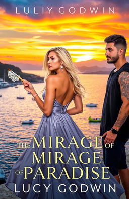 A stunning book cover for "The Mirage of Paradise" by Lucy Godwin, set against a picturesque Puerto Vallarta bay during sunset