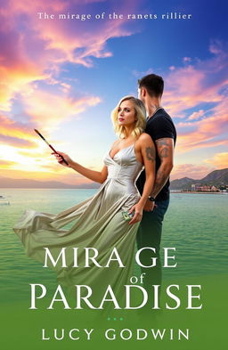 A stunning book cover for "The Mirage of Paradise" by Lucy Godwin, set against a picturesque Puerto Vallarta bay during sunset