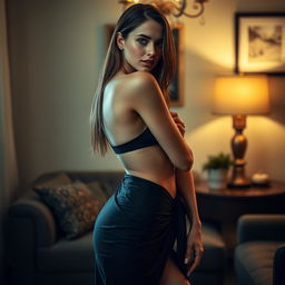 A stunning, sexy woman with fair skin and straight hair, positioned elegantly in a cozy room
