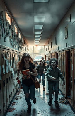 A high school setting during a zombie apocalypse, with chaotic scenes unfolding in the hallways