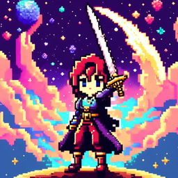 Pixel art profile picture featuring a standalone sword against a cosmic background filled with stars, nebulas, and distant galaxies