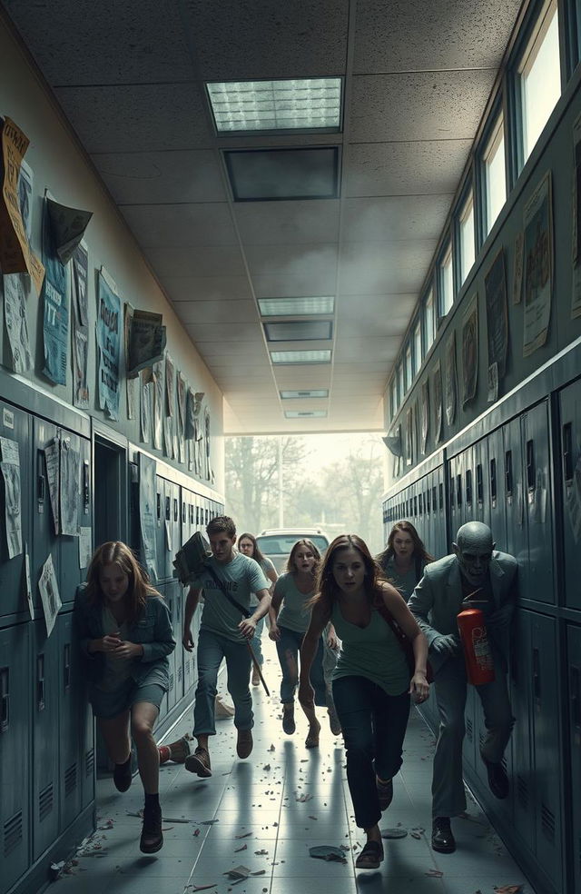 A high school setting during a zombie apocalypse, with chaotic scenes unfolding in the hallways