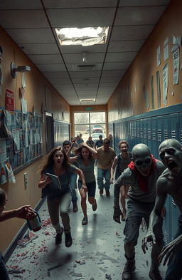 A high school setting during a zombie apocalypse, with chaotic scenes unfolding in the hallways