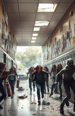 A high school setting during a zombie apocalypse, with chaotic scenes unfolding in the hallways