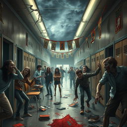 A high school engulfed in chaos during a zombie apocalypse, featuring students in various states of panic and bravery