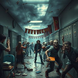 A high school engulfed in chaos during a zombie apocalypse, featuring students in various states of panic and bravery