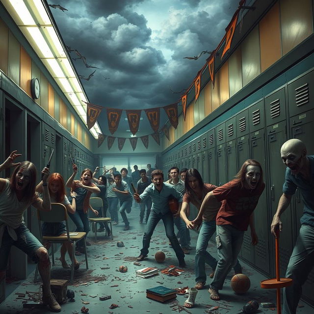 A high school engulfed in chaos during a zombie apocalypse, featuring students in various states of panic and bravery