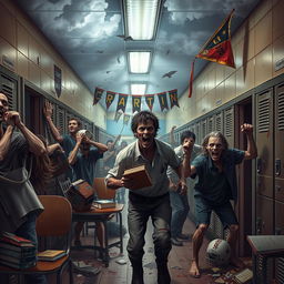 A high school engulfed in chaos during a zombie apocalypse, featuring students in various states of panic and bravery