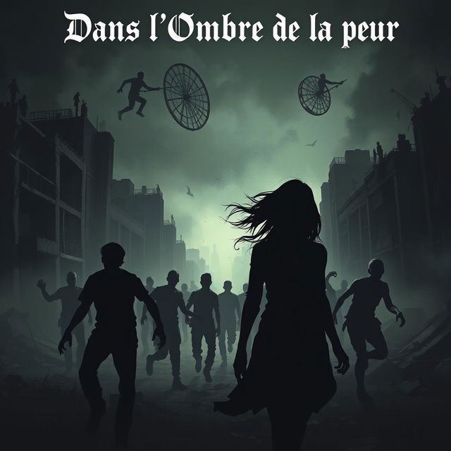 The silhouette of a young woman surrounded by zombies as she navigates through a post-apocalyptic city, showcasing a dark and eerie atmosphere