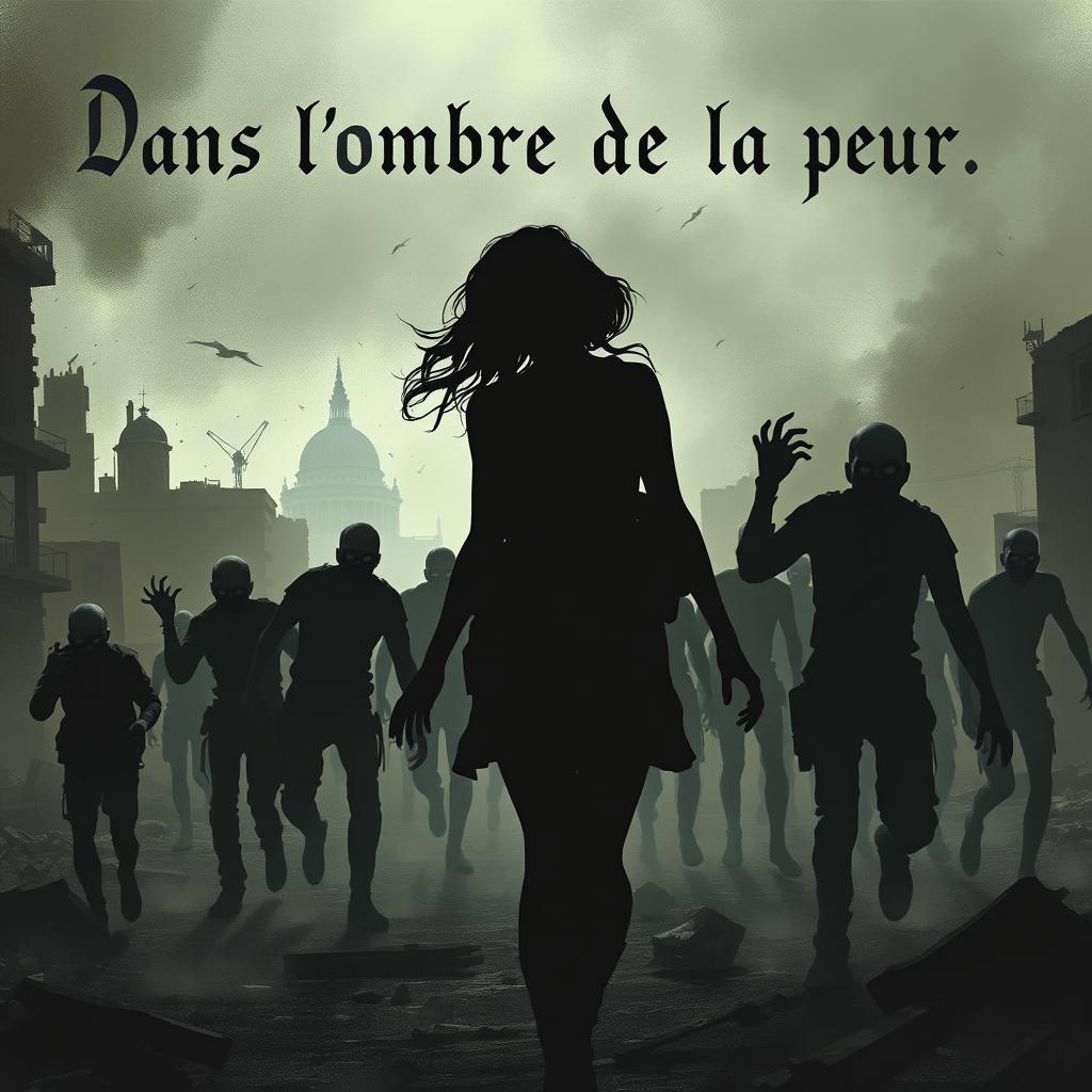 The silhouette of a young woman surrounded by zombies as she navigates through a post-apocalyptic city, showcasing a dark and eerie atmosphere