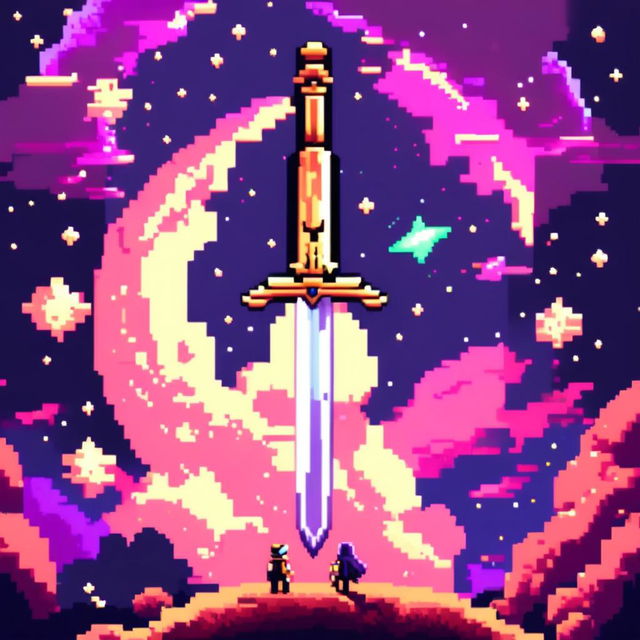 Pixel art profile picture featuring a standalone sword against a cosmic background filled with stars, nebulas, and distant galaxies