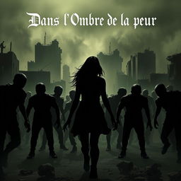 The silhouette of a young woman surrounded by zombies as she navigates through a post-apocalyptic city, showcasing a dark and eerie atmosphere