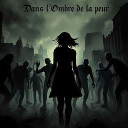 The silhouette of a young woman surrounded by zombies as she navigates through a post-apocalyptic city, showcasing a dark and eerie atmosphere