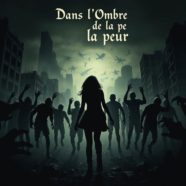 The silhouette of a young woman surrounded by zombies as she navigates through a post-apocalyptic city, showcasing a dark and eerie atmosphere