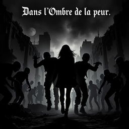 The silhouette of a young woman surrounded by zombies as she navigates through a post-apocalyptic city, showcasing a dark and eerie atmosphere