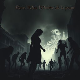 The silhouette of a young woman surrounded by zombies as she navigates through a post-apocalyptic city, showcasing a dark and eerie atmosphere
