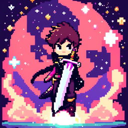 Pixel art profile picture featuring a standalone sword against a cosmic background filled with stars, nebulas, and distant galaxies