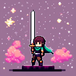 Pixel art profile picture featuring a standalone sword against a cosmic background filled with stars, nebulas, and distant galaxies