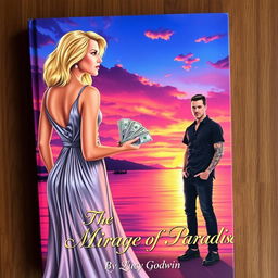 A captivating book cover illustration featuring a stunning Puerto Vallarta bay sunset, with vibrant orange, pink, and purple hues illuminating the sky