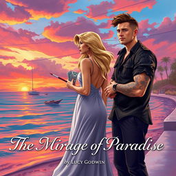 A captivating book cover illustration featuring a stunning Puerto Vallarta bay sunset, with vibrant orange, pink, and purple hues illuminating the sky