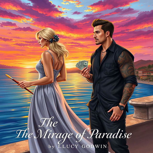 A captivating book cover illustration featuring a stunning Puerto Vallarta bay sunset, with vibrant orange, pink, and purple hues illuminating the sky