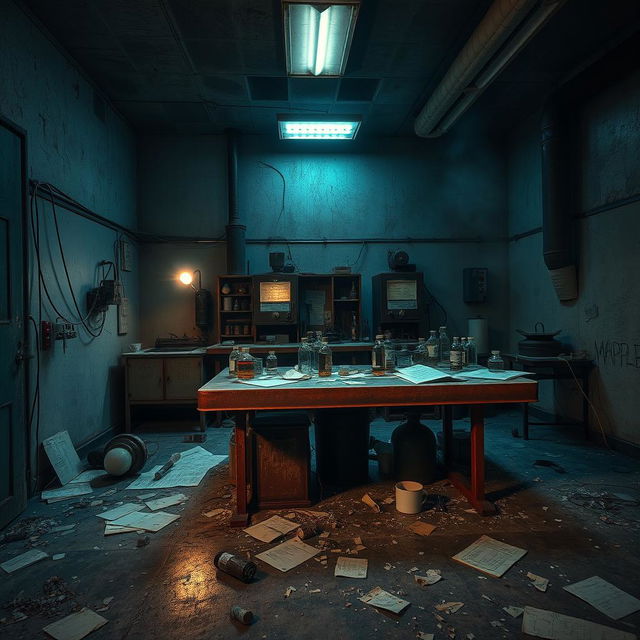 A hauntingly eerie abandoned laboratory, filled with decrepit equipment and weathered surfaces