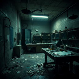 A hauntingly eerie abandoned laboratory, filled with decrepit equipment and weathered surfaces