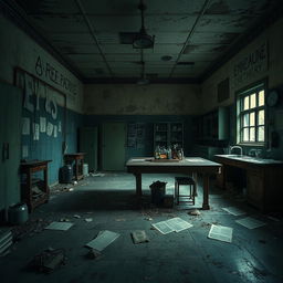 A hauntingly eerie abandoned laboratory, filled with decrepit equipment and weathered surfaces