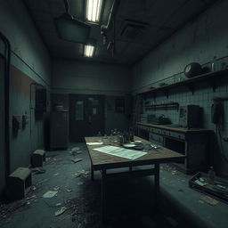A hauntingly eerie abandoned laboratory, filled with decrepit equipment and weathered surfaces