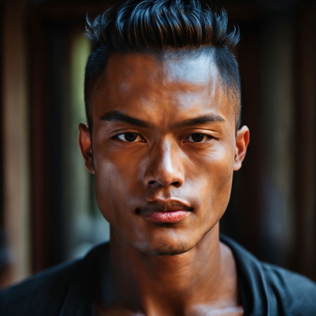 Digital portrait of a handsome Waisian man with Western and Asian features, captured in a 100mm lens perspective with soft lighting and warm, earthy colors