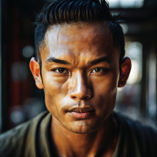 Digital portrait of a handsome Waisian man with Western and Asian features, captured in a 200mm lens perspective with soft lighting and warm, earthy colors