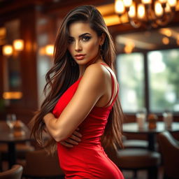 A stunning, confident woman in a vibrant red dress, elegantly posed in a luxurious setting