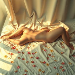 A serene and artistic portrayal of a nude figure in a soft, warm light, gently reclining on a bed draped with luxurious fabric