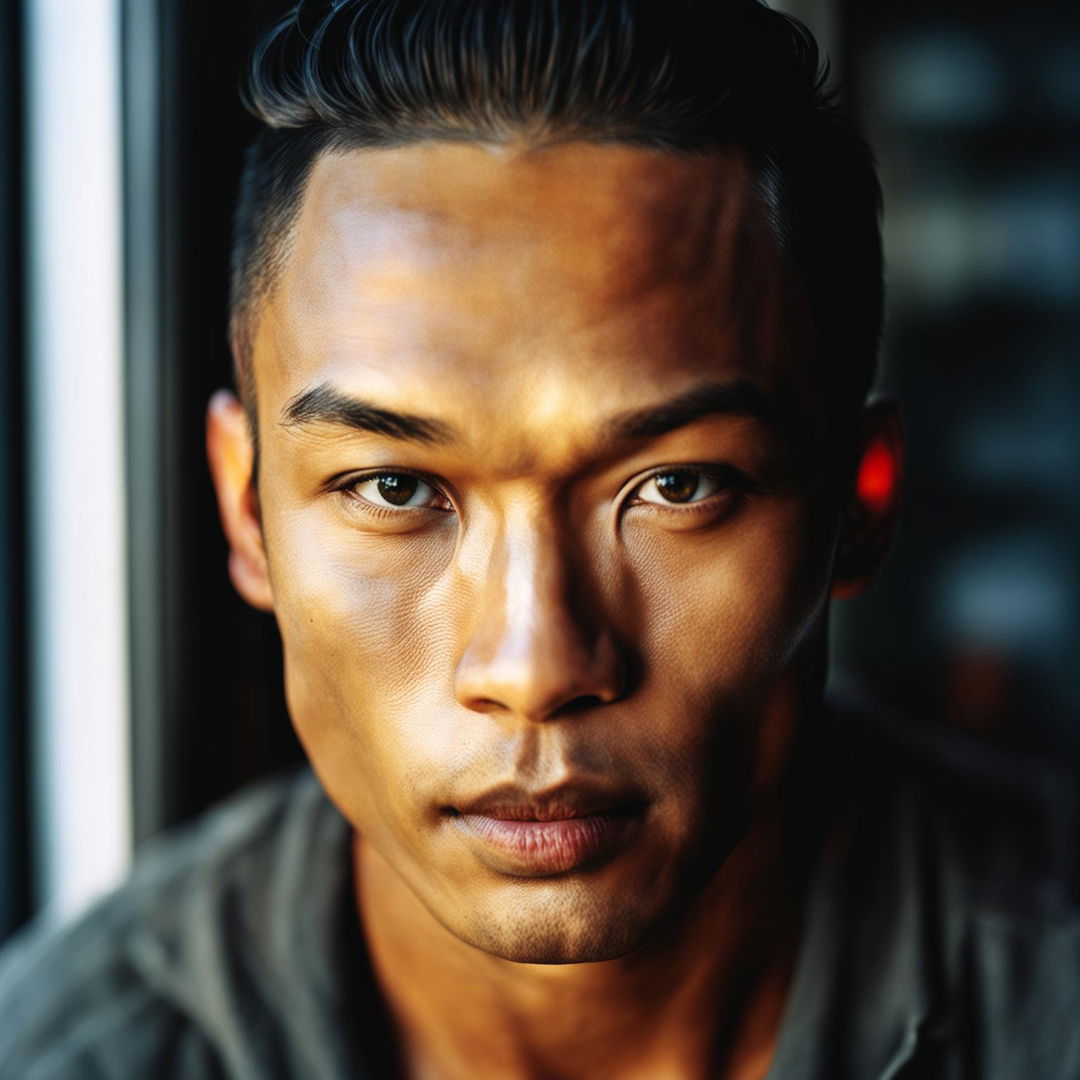 Digital portrait of a handsome Waisian man with Western and Asian features, captured in a 50mm lens perspective with soft lighting and warm, earthy colors