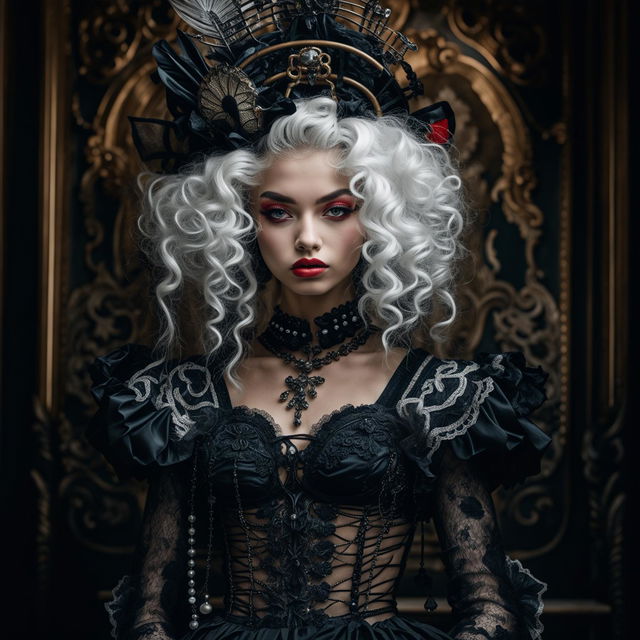 A photograph of a 19-year-old model with sanpaku eyes and circular irises in Rococo style with Gothic elements, featuring all white big Rococo hair, thick red lips, a corsetted waist, long eyelashes, and symmetrical facial features, dressed in a black dress, taken with a Sony Alpha a7 III and Sony FE 24-70mm f/2