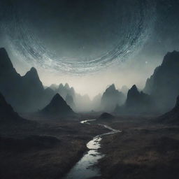 An otherworldly soundscape, consisting of varied surreal environments pulsating with unusual music notes and vibrations, illustrating the saga of sampled soundscapes