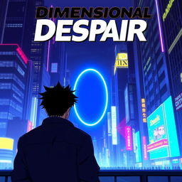 A full-body view of a man with distinct black spiky hair is illustrated walking towards an oval blue portal, seen from behind