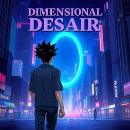 A full-body view of a man with distinct black spiky hair is illustrated walking towards an oval blue portal, seen from behind