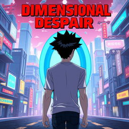 A man walking confidently towards an oval blue portal, with his back facing the camera